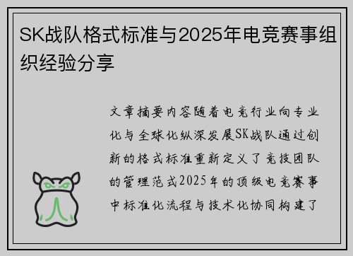 SK战队格式标准与2025年电竞赛事组织经验分享