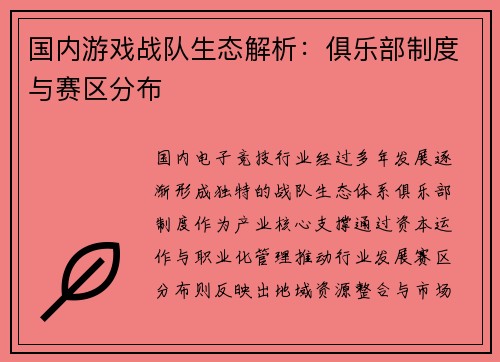 国内游戏战队生态解析：俱乐部制度与赛区分布