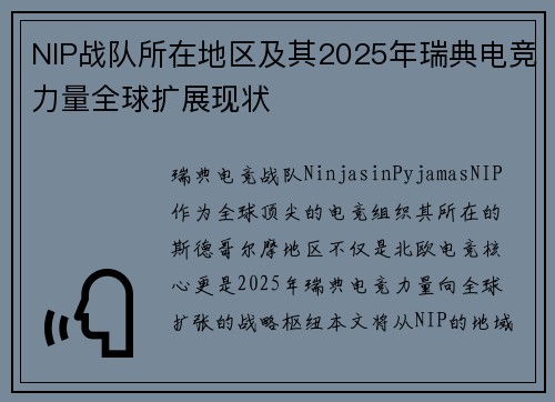 NIP战队所在地区及其2025年瑞典电竞力量全球扩展现状